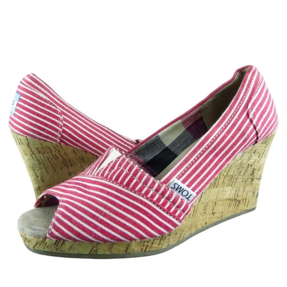 TOMS Women's Striped Peep Toe Red Fabric Pump 6.5M Gently Used 2025
